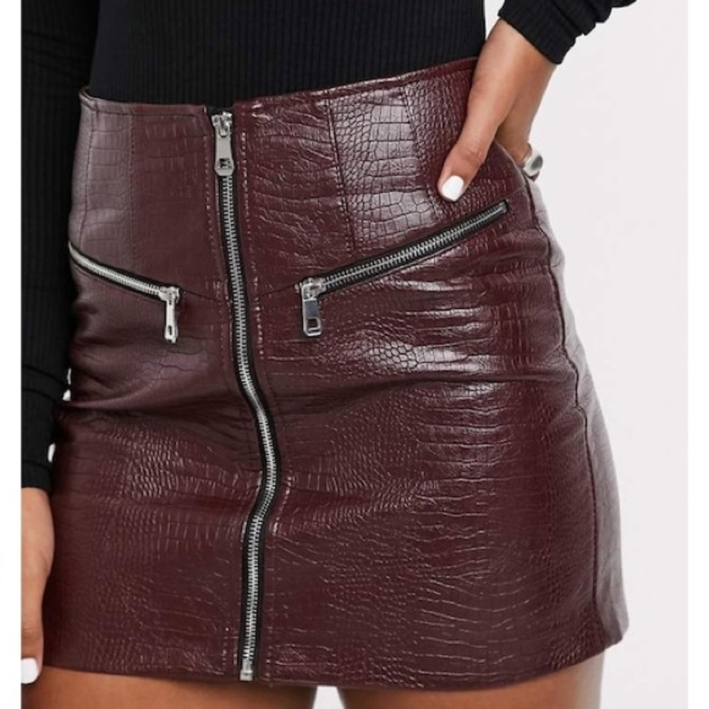 Bershka burgundy leather mini skirt